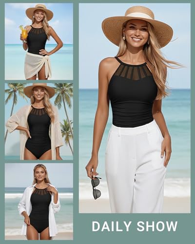 Holipick Black Women Tummy Control One Piece Swimsuit Modest Bathing Suit Full Coverage High Neck Swimwear M