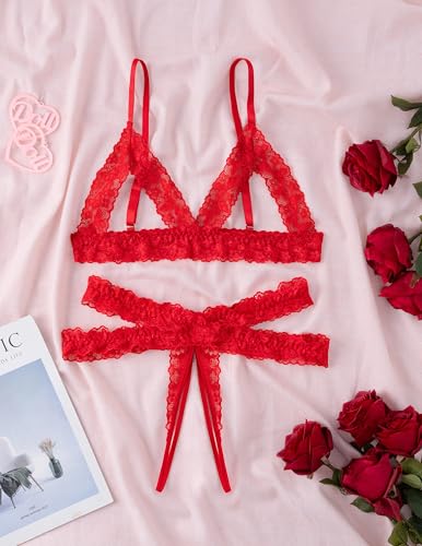 Avidlove Lace Lingerie Set for Women Sexy Cutout Matching Bra and Panty Sets 2 Piece Wireless Bralette Outfits Red L
