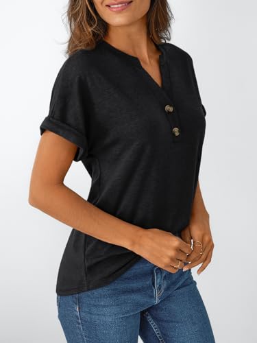 AUTOMET Women's Short Sleeve Shirts Henley Dressy Casual Summer Tops 2026 Spring Fashion Blouses Trendy Cute T-Shirts Business Work Outfits Clothes Black XL