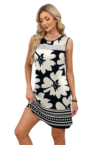 WIHOLL Spring Dresses for Women 2026 Loose Fit Ladies Dress Sleeveless Lace Sundresses with Pockets Summer Vacation Outfits Teacher School Easter Dresses Black Floral XL