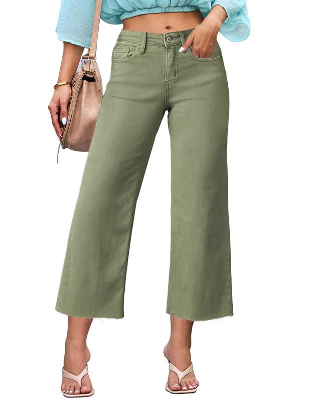 Allimy Women's High Waisted Straight Ankle Wide Leg Ripped Jeans Frayed Hem Stretchy Capri Denim Pants Olive Size 4
