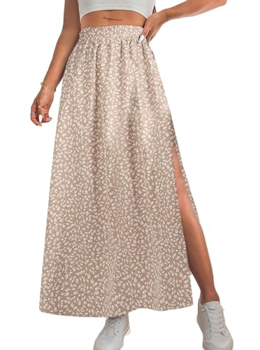 Avanova Women Boho Floral Slit Maxi Skirt Split Thigh High Waisted Long Skirts Apricot Medium