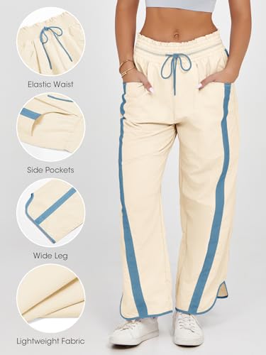 Fisoew Women's Baggy Wide Leg Pants Casual Drawstring Elastic Waisted Contrast Color Workout Y2K Track Pants Beige