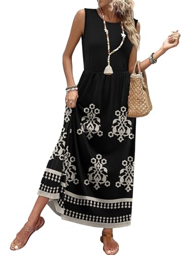 Summer Dresses for Women 2026 Vacation Boho Maxi Dress for Seniors Resort Wear 2026 Cruise Outfits Flowy Work Sun Dresses Modest Black XL