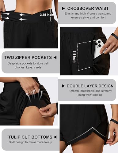 Blooming Jelly Women's Workout Shorts Athletic Running Elastic High Waisted Black Gym Yoga Shorts with Zipper Pockets (Black,Medium)