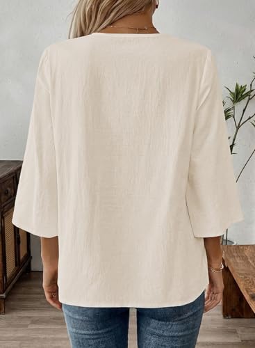 EVALESS Womens Tops Trendy 2026 Boho 3/4 Sleeve Embroidered Lace V Neck Business Work Blouses Dressy Casual Spring Fashion Outfits Parchment M