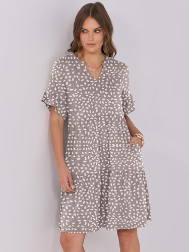 ANRABESS Womens Summer 2026 Trendy Ruffle Short Sleeve V Neck A Line Tiered Flowy Loose Casual Mini Beach Dress with Pockets Khaki Polka Dot Large