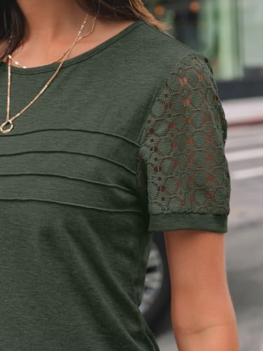 AUTOMET Short Sleeve Shirts for Women Summer Tops 2026 Spring Fashion Dressy Casual Outfits Lace Trendy Top Cute Work T Shirt Business Vacation Clothes Blouses Army Green L