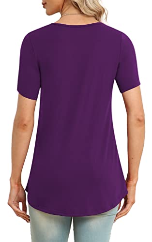 LAOLASI V Neck Short Sleeve Summer Soft Tops Shirt Hide Belly Daily Shirt Loose Plus Size Tunic Fashion Blouse,Purple,XXL