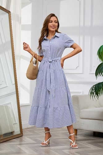 utcoco Womens Casual Short Sleeve Button Down Tie Waist Ruffled Striped Maxi Shirt Dress (Small, Blue)