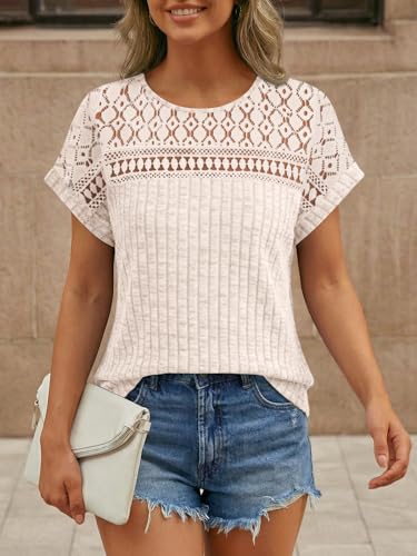AUTOMET Womens Lace Short Sleeves Shirts Crochet Spring Loose Tops Dressy Business Casual Blouses Summer Fshion Tunics Apricot L