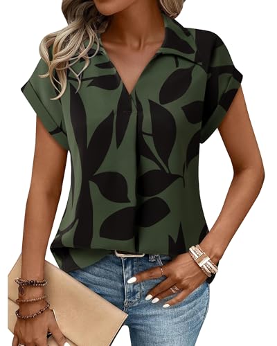Gaharu Summer Work Blouses for Women: Collared Short Sleeve Green Tops - Dressy Casual Shirts - Womens V Neck Shirts Business Chiffon Attire XL