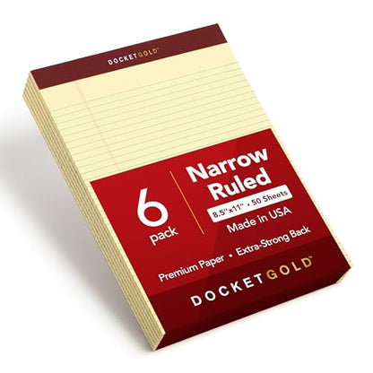 TOPS 8.5 x 11 Legal Pads, 6 Pack, Premium Docket Gold Brand, Narrow Ruled, Thick Yellow Paper, Sturdy Back, 50 Sheets, Made in USA (63941)