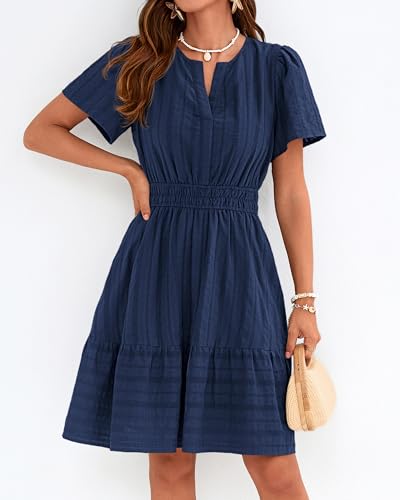 Womens Boho Mini Dress, Lightweight Cotton, V-Neck, Short Sleeve, Elastic Waist, Pockets – Navy Blue, Small