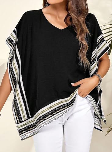 Falechay Flowy Tops for Women Blouses Dressy Casual T Shirts Short Sleeves V Neck Boho Tops Loose Tshirts Side Slit Tees Summer Fit Blouses Fall Ladies Beach Vacation Cute Tshirts Black L