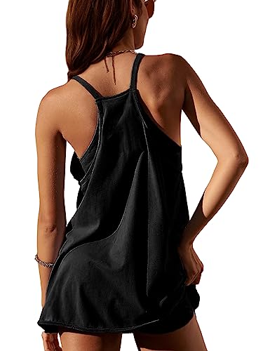 Zhiyouni Women's Summer Sleeveless Mini Dress V Neck Spaghetti Straps Athletic Built-in Shorts Sundress(Black-XS)