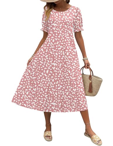 Zeagoo Ladies Dresses Floral Casual Summer Dresses for Women Short Sleeve Dress Womens Midi Dress 2026 Boho Sundress, Pink Dot,L