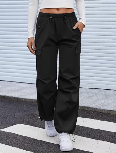 COPYLEAF Cargo Pants Women Elastic Waisted Parachute Hiking Pants with Pockets Water Resistant Lightweight Baggy Pants(Black M)