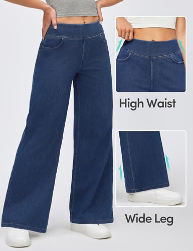 IUGA Wide Leg Jeans Woman High Waisted Pull On Baggy Jeans for Women Stretchy Trendy Womens Jean Straight Casual Denim Pants Dark Blue