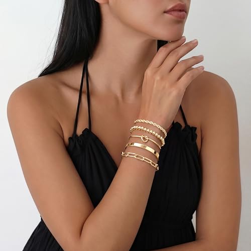 Gokeey Gold Cuff Bracelets for Women Trendy Waterproof, 14K Gold Plated Chunky Gold Bangles Beaded Bracelet for Women Fashion Accessories, Stackable Rope Forever Love Knot Infinity Paperclip Cuban Twist Bracelets Stack Set Bold Vintage Statement Jewelry