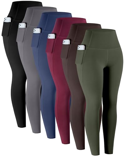 LZYVOO Leggings with Pockets for Women, 6 Packs Soft High Waisted Tummy Control Workout Yoga Pants(BlackGrayNavyWineGreenBrown-M)