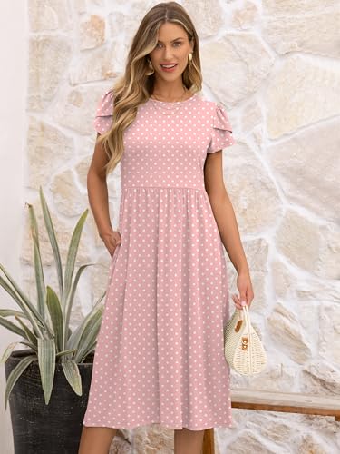 ANRABESS Women's Summer Short Sleeve A-Line Midi Dresses Casual Floral T-Shirt Dresses Flowy Beach Sundress with Pockets Pink Round Dot Medium