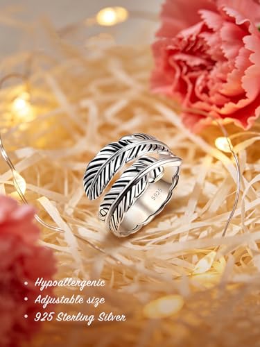 AVECON 925 Sterling Silver Ring Adjustable Feather Ring Stacking Ring Vintage Statement Ring for Women & Men