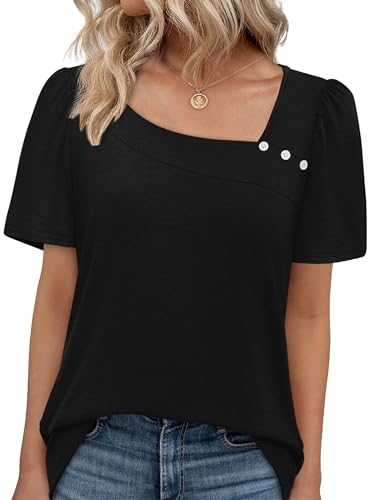 WIHOLL Womens Tops Summer Outfits 2026 Spring Clothing Short Sleeve Square Neck Tshirts Shirts Fashion Business Casual Blouses Black XL