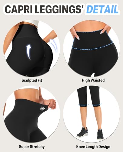 CTHH 3 Pack Capri Pants with Pockets - High Waisted Knee Length Yoga Leggings, Workout Biker Shorts for Women Running Summer(Two Pockets,3 Black,Large-X-Large)
