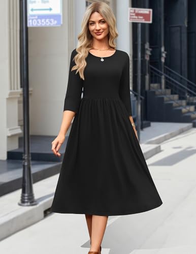 Zeago Black Casual Dress for Women Solid Half Sleeve Swing Party Dress Aline Loose Tshrit Midi Sundress with Pockets Vocation Beach Clothes,L