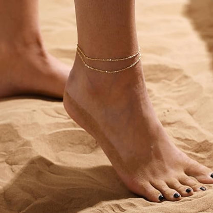 MIDEEO Gold/Silver Ankle Bracelets for Women,14K Gold Anklets for Women Waterproof Cuban Link Heart Beads Herringbone Rhinestone Anklets Set Layered Anklet Bracelets Gold Jewelry Gift