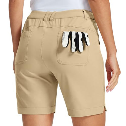 MoFiz Women's 7" Golf Shorts UPF 50+ Water-Resistant Hiking Shorts Running Casual Shorts with Zipper Pockets Khaki L