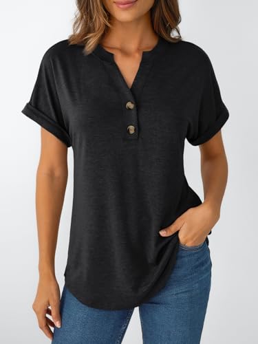AUTOMET Women's Short Sleeve Shirts Henley Dressy Casual Summer Tops 2026 Spring Fashion Blouses Trendy Cute T-Shirts Business Work Outfits Clothes Black XL