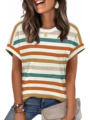 WIHOLL Womens Tops Summer Outfits 2026 Spring Clothes Break Essential Boho Vacation Cruise Fashion Trendy Short Cap Sleeve T Shirts Clothing Orange Stripes L