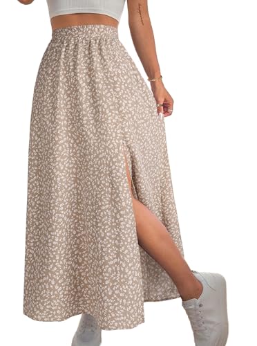 Avanova Women Boho Floral Slit Maxi Skirt Split Thigh High Waisted Long Skirts Apricot Medium