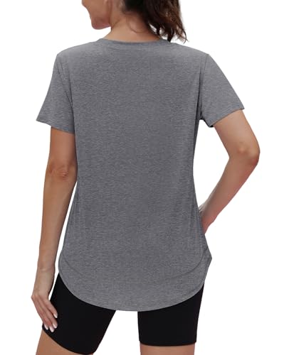 Summer Tops for Women 2026 Short Sleeve Workout Clothes Athletic Shirts Pilates Outfits Camisetas Deportivas para Mujer Grey L