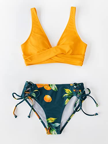 CUPSHE Women's Bikini Swimsuit Floral Print Tie Side Twist Front Two Piece Bathing Suit, L Yellow