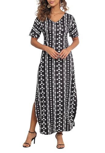 Vanya Maxi Dress in Zebra - Womens Summer V Neck Maxi Dress Casual Loose Split Dresses with Pockets MY128 Black White