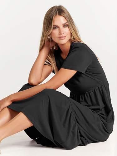 ANRABESS Womens 2026 Summer Casual Maxi Dress A line Tiered Flowy Short Sleeve Crewneck T Shirt Beach Travel Long Dresses Black X-Large