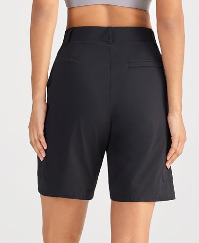 Oalka Women's Hiking Cargo Shorts Bermuda Lightweight Golf Camping 9" Long Shorts with Pockets Quick Dry Black L