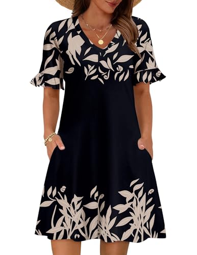 Zeagoo Summer Dress for Womens A Line Dresses Short Sleeve Dress with Pockets Women Petite Dresses V Neck Flowy Shift Dress Leaf Print M