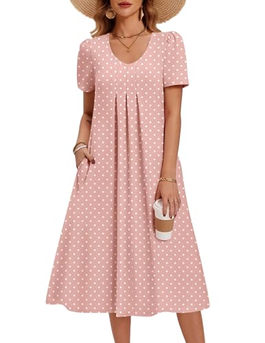 Zeagoo Summer Dresses for Women 2026 Long Flowy Dress with Pockets Womens Midi Dress Short Sleeve Sundresses Womens Casual Dress Pink Dot L