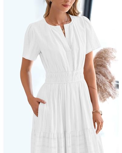 BTFBM Womens Summer 2026 Casual Midi Maxi Dresses Lightweight Short Sleeve V Neck Elastic Waist Boho Beach Dress Pockets(White, XX-Large)