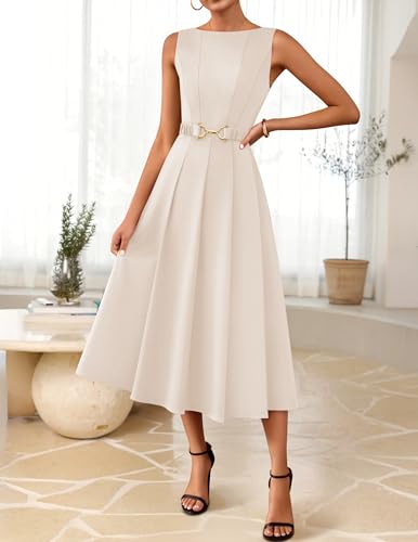 ZESICA Women Summer Sleeveless Midi Dresses 2026 Elegant Boat Neck A Line Tie Waist Spring Cocktail Party Dress Apricot Small