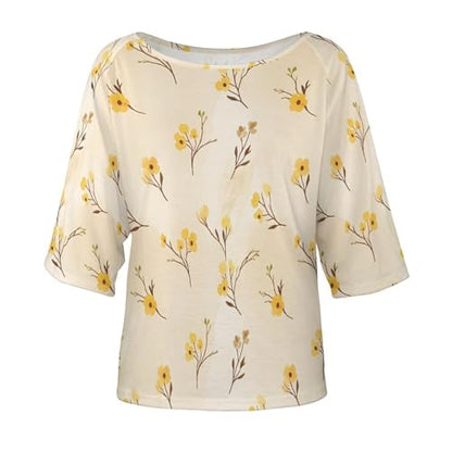 Off Shoulder Mid Sleeve Top Relaxed Fit Lightweight Women's Top Casual Fashion Simple Yellow Watercolor Spring Flower Pattern 2XL