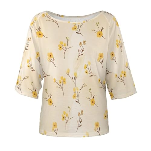 Off Shoulder Mid Sleeve Top Relaxed Fit Lightweight Women's Top Casual Fashion Simple Yellow Watercolor Spring Flower Pattern 2XL