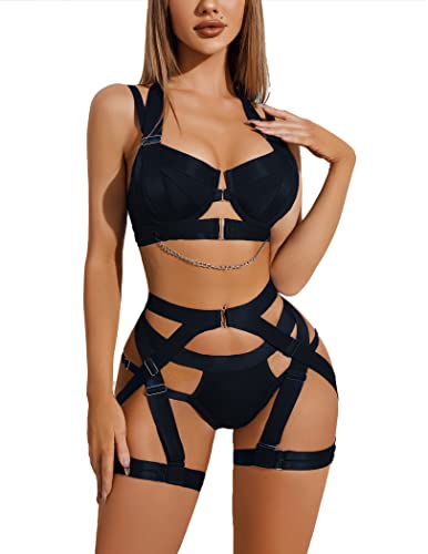 Lingerie Set for Women Sexy Strappy Lingerie Underwire Push Up Bra Garter Set Lingerie with Chain Black Small