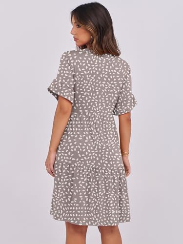ANRABESS Womens Summer 2026 Trendy Ruffle Short Sleeve V Neck A Line Tiered Flowy Loose Casual Mini Beach Dress with Pockets Khaki Polka Dot Large
