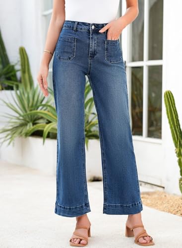 Astylish Straight Leg Jeans for Women High Waisted Loose Denim Pants Casual Baggy Jean Trousers with Patch Pockets Size 8 Dusk Blue