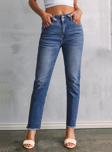 Sidefeel Women's High Waisted Tummy Control Jeans Trendy 2025 Straight Leg Raw Hem Denim Pants Sky Blue Size 18